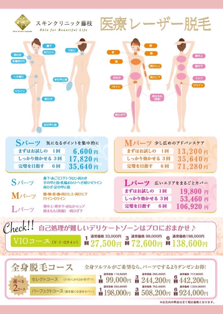 女性の医療レーザー脱毛の価格表